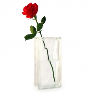 Tall clear glass vase with single red rose