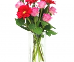 Tall clear glass vase with roses gerbras