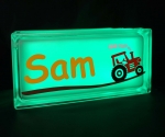Customised glass block night light with tractor decal