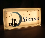 Personalised night light glass block with cats on the moon decal
