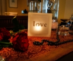 Glass block glass tea light candle holder with love motif