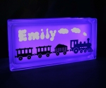 Glass block LED night light with personalised name and train decal