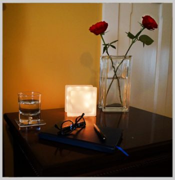 LED globlock night light and glass block vase with roses