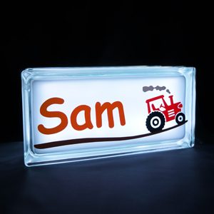 Personalised night light glass block with tractor decal