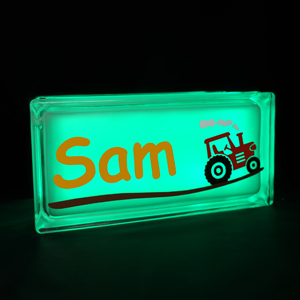 Personalised night light glass block with tractor decal