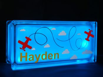 personalised glass block night light with flying plane decal