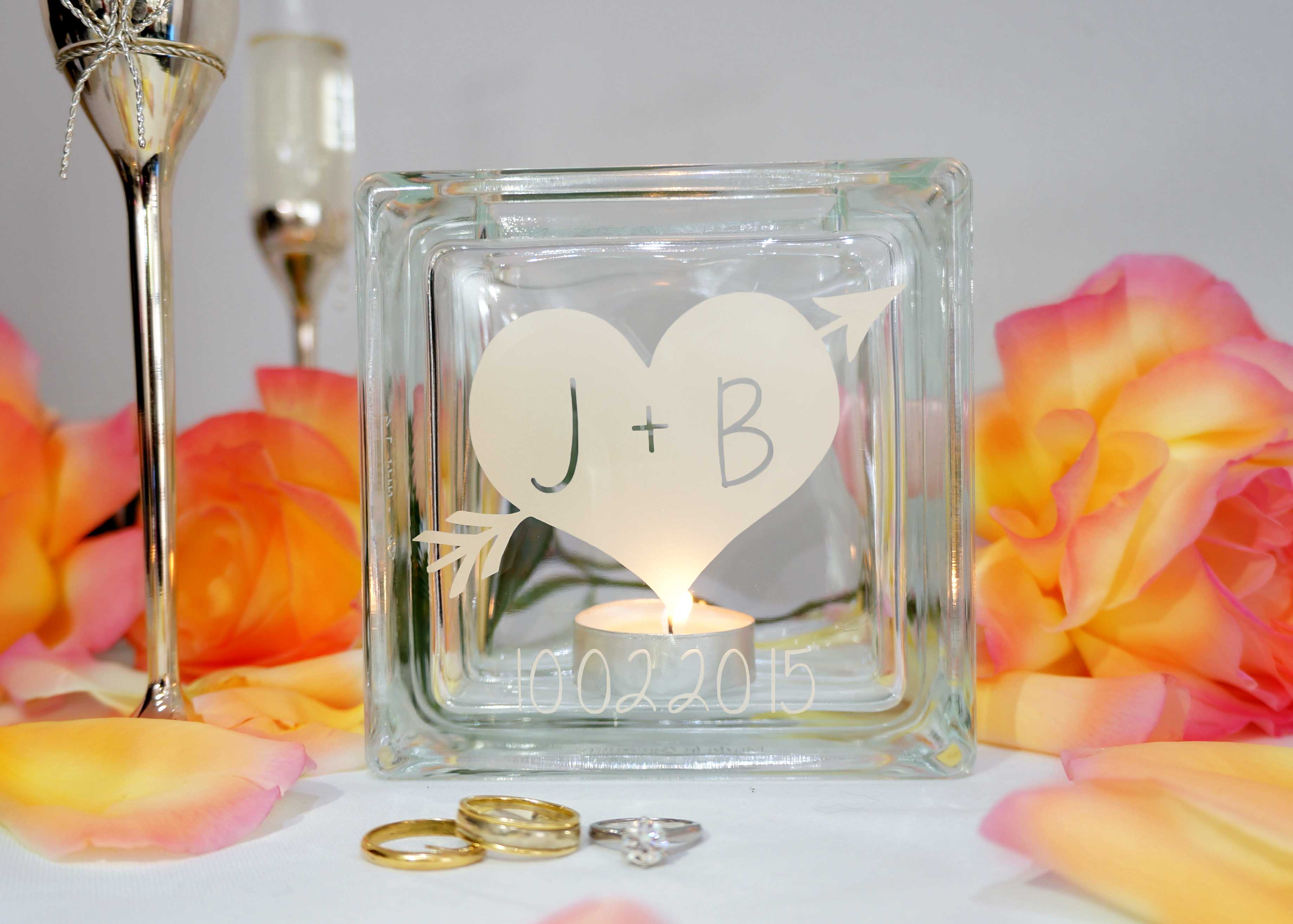 Personalised heart arrow wedding tea light candle holder