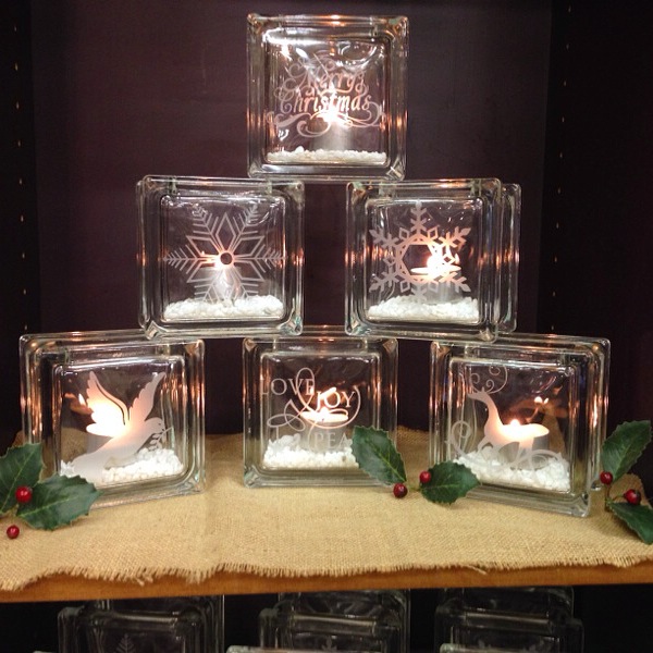 pyramid stack of glass christmas theme candle holders